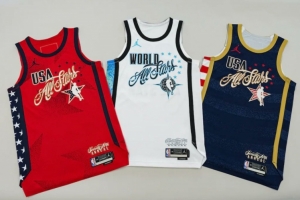 26年全明星球衣发布:美国队红蓝两款+世界队白色 背面印有国旗